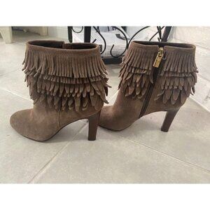 ISOLA Layton Tan Suede Heeled Bootie with Fringe Detail Size 6.5